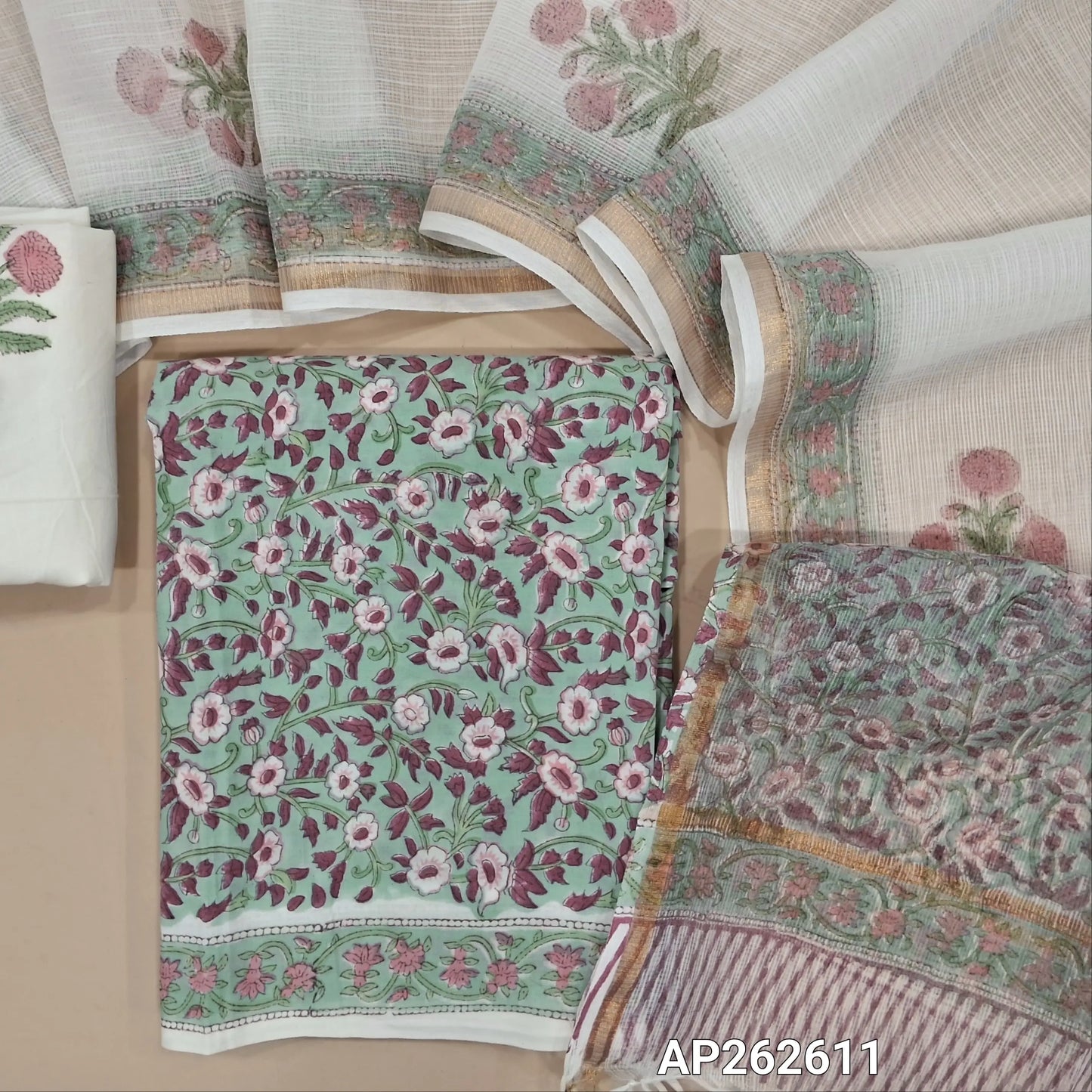 Pastel blue hand block printed pure mul cotton unstitched salwar material, (lining needed) hand block printed cotton bottom,block printed kota cotton dupatta with tissue borders.(TAPINGS NEEDED, INCONSISTENT PRINTS ARE NOT DEFECTS) AP262611
