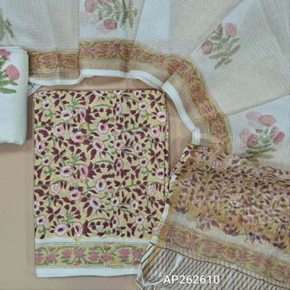 Pastel yellow hand block printed pure mul cotton unstitched salwar material, (lining needed) hand block printed cotton bottom,block printed kota cotton dupatta with tissue borders.(TAPINGS NEEDED, INCONSISTENT PRINTS ARE NOT DEFECTS) AP262610