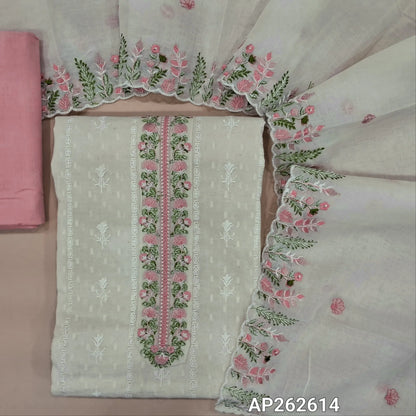 Off white base premium dobby cotton unstitched salwar material,embroidered yoke,self woven and self embroidery design on front  (lining needed)light peachish pink cotton bottom,embroidered mul cotton dupatta with scallop borders. AP262614