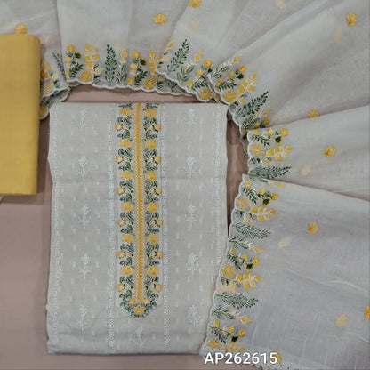 Off white base premium dobby cotton unstitched salwar material,embroidered yoke,self woven and self embroidery design on front  (lining needed)pastel yellow cotton bottom,embroidered mul cotton dupatta with scallop borders. AP262615