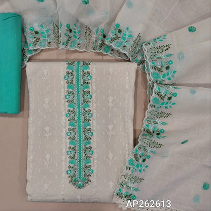 Off white base premium dobby cotton unstitched salwar material,embroidered yoke,self woven and self embroidery design on front  (lining needed)pastel blue cotton bottom,embroidered mul cotton dupatta with scallop borders. AP262613