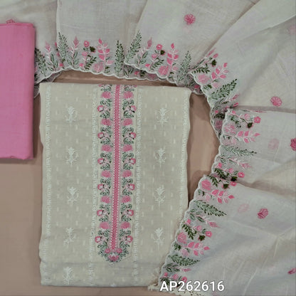 Off white base premium dobby cotton unstitched salwar material,embroidered yoke,self woven and self embroidery design on front  (lining needed)pastel pink cotton bottom,embroidered mul cotton dupatta with scallop borders. AP262616