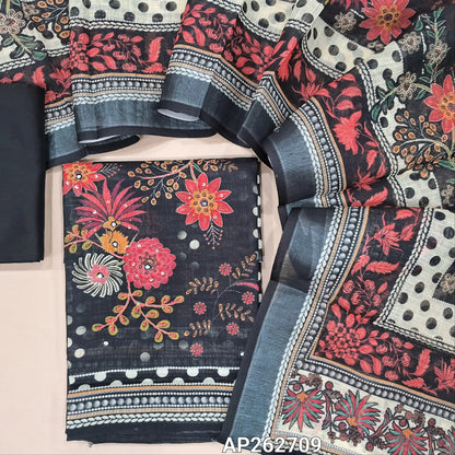 Black premium semi linen unstitched salwar material(lining needed)pulka dots ,faux mirror ,thread embroidery and sequins work on yoke and daman,matching silk cotton bottom, digital printed semi linen full length dupatta with silver borders. AP262709