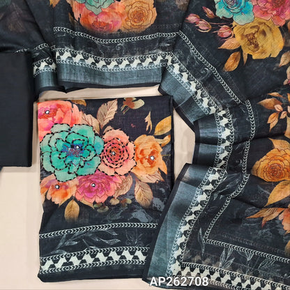 Black premium semi linen unstitched salwar material(lining needed) faux mirror ,thread embroidery and sequins work on yoke and daman,matching silk cotton bottom, digital printed semi linen full length dupatta with silver borders. AP262708