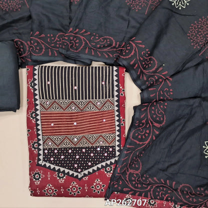 Maroon printed soft cotton unstitched salwar material, yoke patch with faux mirror work (lining needed)black cotton bottom,hand block printed mul cotton dupatta. AP262707
