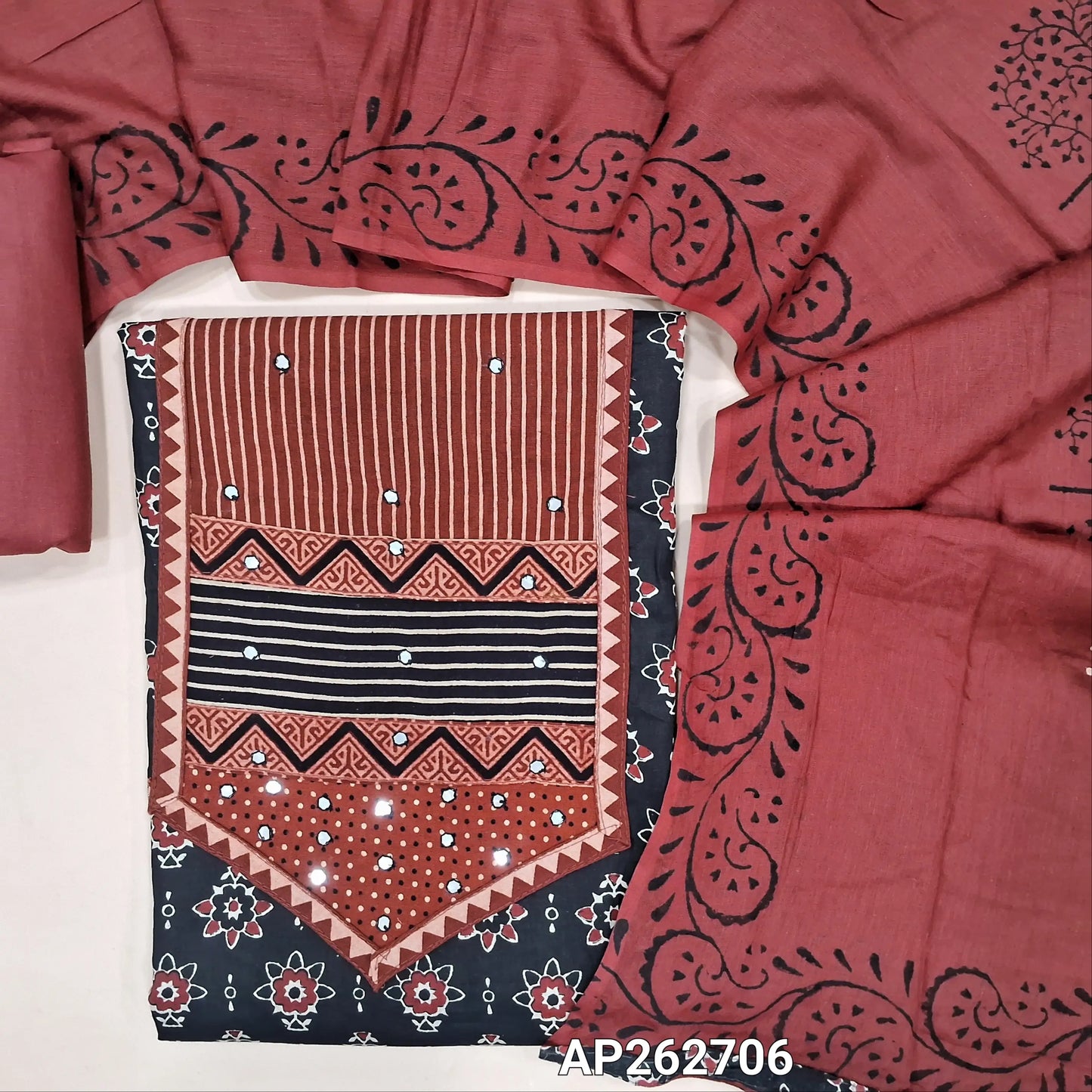 Black printed soft cotton unstitched salwar material, yoke patch with faux mirror work (lining needed)black cotton bottom,hand block printed mul cotton dupatta. AP262706
