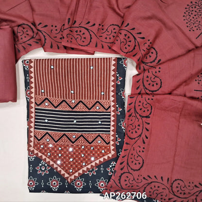 Black printed soft cotton unstitched salwar material, yoke patch with faux mirror work (lining needed)black cotton bottom,hand block printed mul cotton dupatta. AP262706