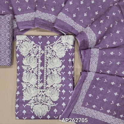 Light purple printed soft cotton unstitched salwar material, thread embroidery work on yoke, (lining needed)printed cotton bottom,printed crinkled cotton dupatta. AP262705