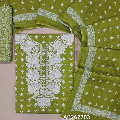 Bright green printed soft cotton unstitched salwar material, thread embroidery work on yoke, (lining needed)printed cotton bottom,printed crinkled cotton dupatta. AP262703