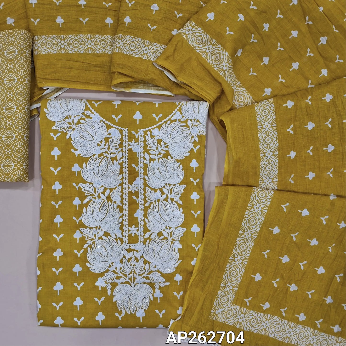 Bright mehandhi yellow printed soft cotton unstitched salwar material, thread embroidery work on yoke, (lining needed)printed cotton bottom,printed crinkled cotton dupatta. AP262704
