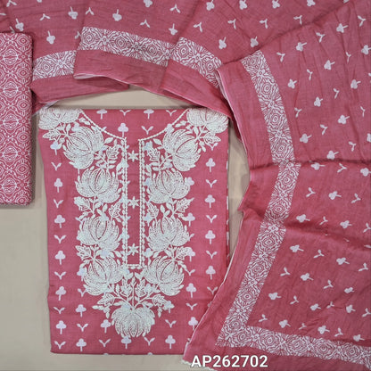 Pink printed soft cotton unstitched salwar material, thread embroidery work on yoke, (lining needed)printed cotton bottom,printed crinkled cotton dupatta. AP262702