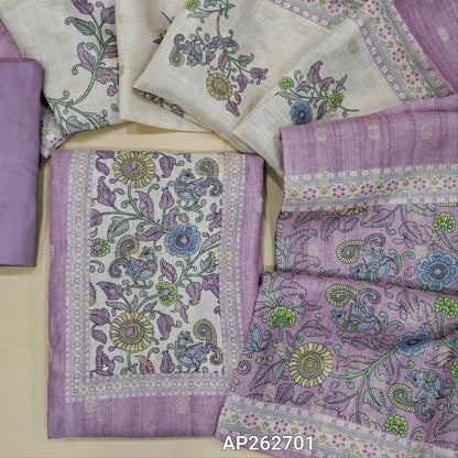 Lavender with golden tint tissue silk cotton unstitched salwar material,kalamkari printed yoke with zari and real mirror work, zari buttas all over,(lining needed)silk cotton bottom,digital printed tissue silk cotton dupatta with kalamkari pallu. AP262701