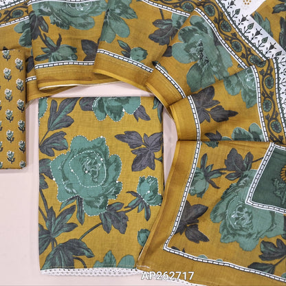 Mehandhi yellow floral printed premium soft cotton unstitched salwar material, kantha stitch and sequins work on front(lining optional)printed cotton bottom,printed cotton bottom,printed mul cotton dupatta with lace tapping. AP262717