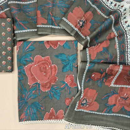 Dark grey floral printed premium soft cotton unstitched salwar material, kantha stitch and sequins work on front(lining optional)printed cotton bottom,printed cotton bottom,printed mul cotton dupatta with lace tapping. AP262716