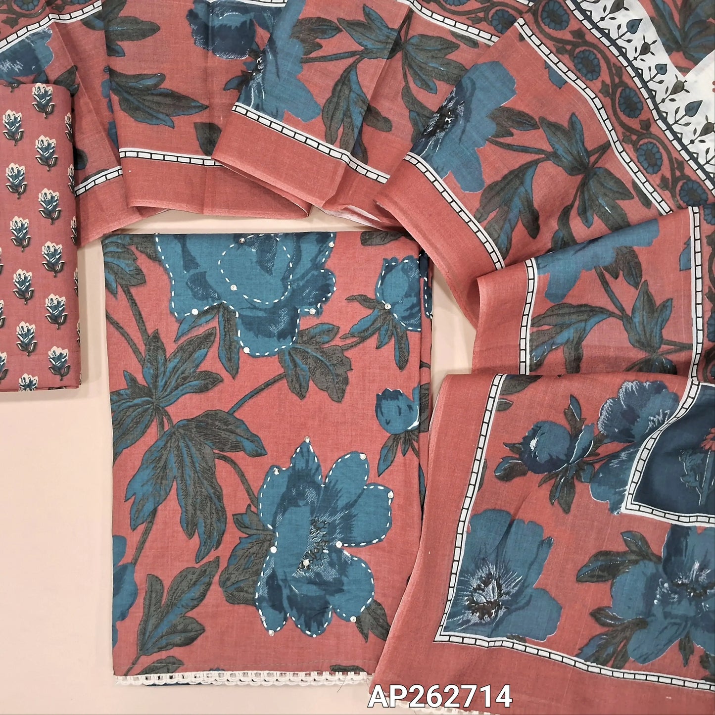 Onion pink floral printed premium soft cotton unstitched salwar material, kantha stitch and sequins work on front(lining optional)printed cotton bottom,printed cotton bottom,printed mul cotton dupatta with lace tapping. AP262714