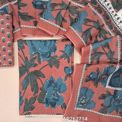 Onion pink floral printed premium soft cotton unstitched salwar material, kantha stitch and sequins work on front(lining optional)printed cotton bottom,printed cotton bottom,printed mul cotton dupatta with lace tapping. AP262714