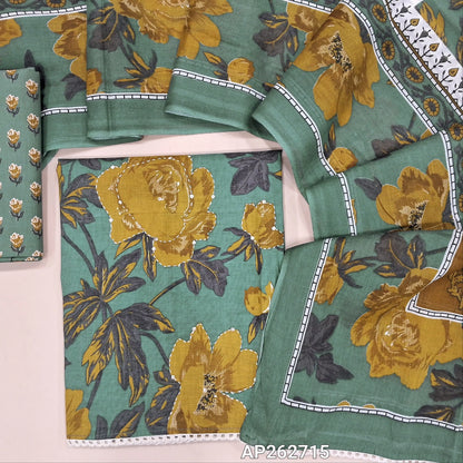 Blueish grey floral printed premium soft cotton unstitched salwar material, kantha stitch and sequins work on front(lining optional)printed cotton bottom,printed cotton bottom,printed mul cotton dupatta with lace tapping. AP262715
