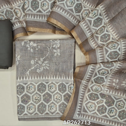 Greyish beige digital printed tissue silk cotton with golden tint unstitched salwar material(thin, lining needed) spun cotton bottom,digital printed  tissue silk cotton dupatta with gold tissue borders. AP262713