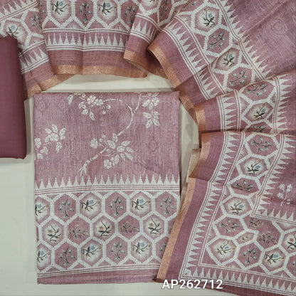 Pastel pink shade digital printed tissue silk cotton with golden tint unstitched salwar material(thin, lining needed) spun cotton bottom,digital printed  tissue silk cotton dupatta with gold tissue borders. AP262712