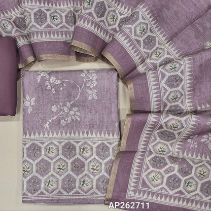 Lavender shade digital printed tissue silk cotton with golden tint unstitched salwar material(thin, lining needed) spun cotton bottom,digital printed  tissue silk cotton dupatta with gold tissue borders. AP262711