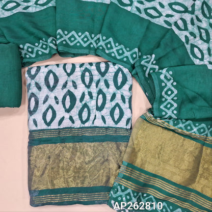 Teal green original wax batik dyed soft modal silk cotton unstitched salwar material(lining needed)golden tissue on daman,santoom bottom,wax batik dyed soft modal silk cotton dupatta with gold tissue borders.AP262810