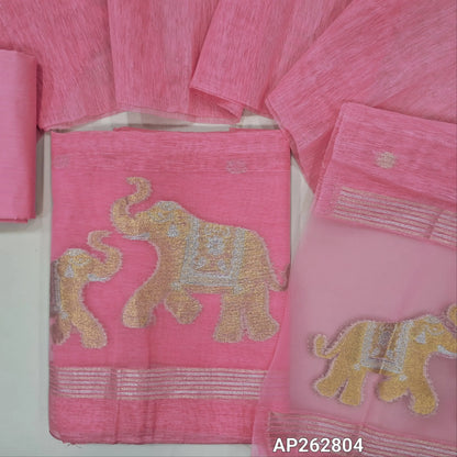 Designer pastel pink jamdani woven premium tussar unstitched salwar material, (thin,lining needed)gold and silver zari weaving on organza daman, silk cotton bottom,  jamdani woven on tussar silk dupatta with tassels with organza pallu . AP262804