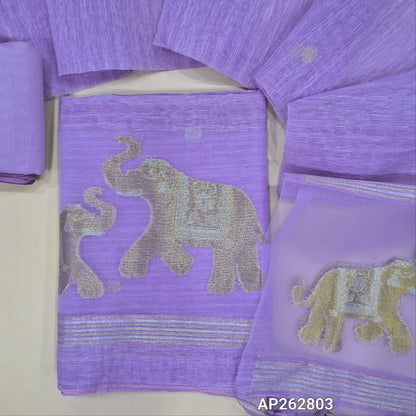 Designer light purple jamdani woven premium tussar unstitched salwar material, (thin,lining needed)gold and silver zari weaving on organza daman, silk cotton bottom, jamdani woven on tussar silk dupatta with tassels with organza pallu . AP262803