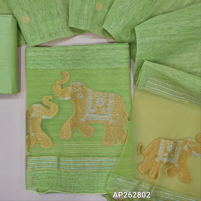 Designer pastel green jamdani woven premium tussar unstitched salwar material, (thin,lining needed)gold and silver zari weaving on organza daman, silk cotton bottom,  jamdani woven on tussar silk dupatta with tassels and organza pallu . AP262802