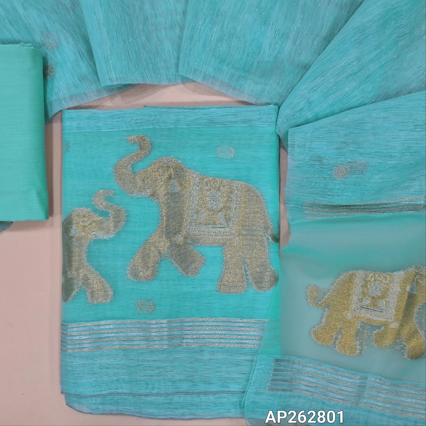 Designer pastel blue jamdani woven premium tussar unstitched salwar material, (thin,lining needed)gold and silver zari weaving on organza daman, silk cotton bottom, jamdani woven on tussar silk dupatta with tassels and organza pallu. AP262801