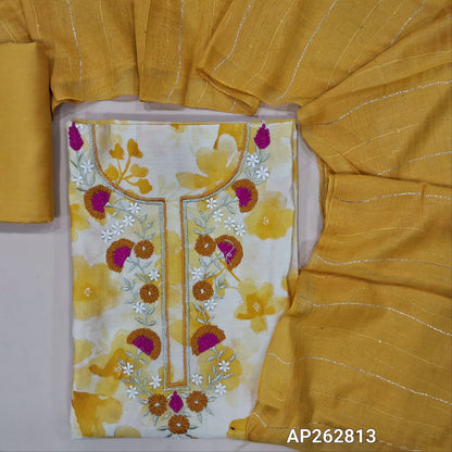 Pastel yellow floral printed modal maslin silk unstitched salwar material, thread & zari work on yoke(soft,lining optional)matching silky bottom, zari & sequins work on fancy soft silk cotton dupatta. AP262813