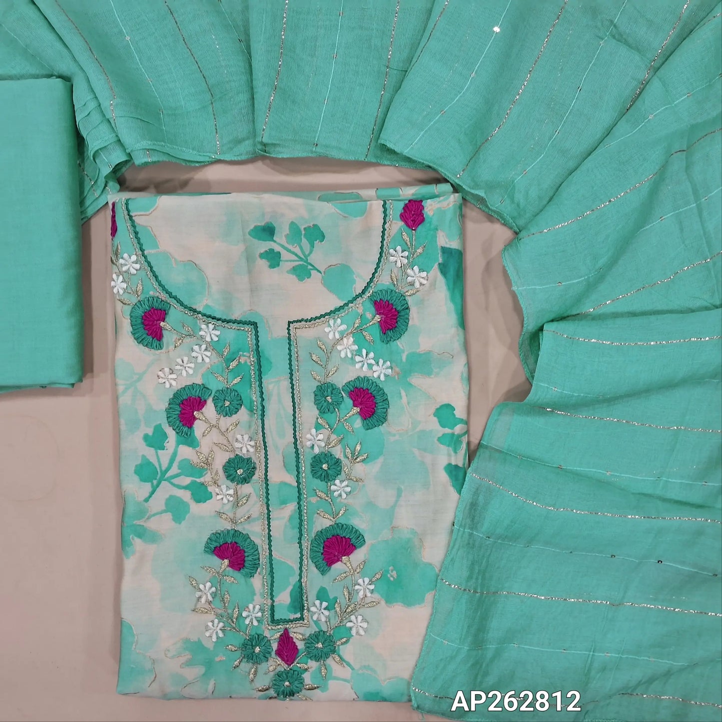 Pastel blue floral printed modal maslin silk unstitched salwar material, thread & zari work on yoke(soft,lining optional)matching silky bottom, zari & sequins work on fancy soft silk cotton dupatta. AP262812