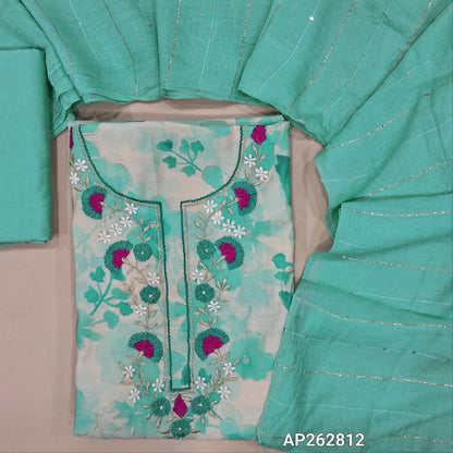 Pastel blue floral printed modal maslin silk unstitched salwar material, thread & zari work on yoke(soft,lining optional)matching silky bottom, zari & sequins work on fancy soft silk cotton dupatta. AP262812