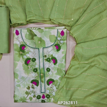 Pastel green floral printed modal maslin silk unstitched salwar material, thread & zari work on yoke(soft,lining optional)matching silky bottom, zari & sequins work on fancy soft silk cotton dupatta. AP262811