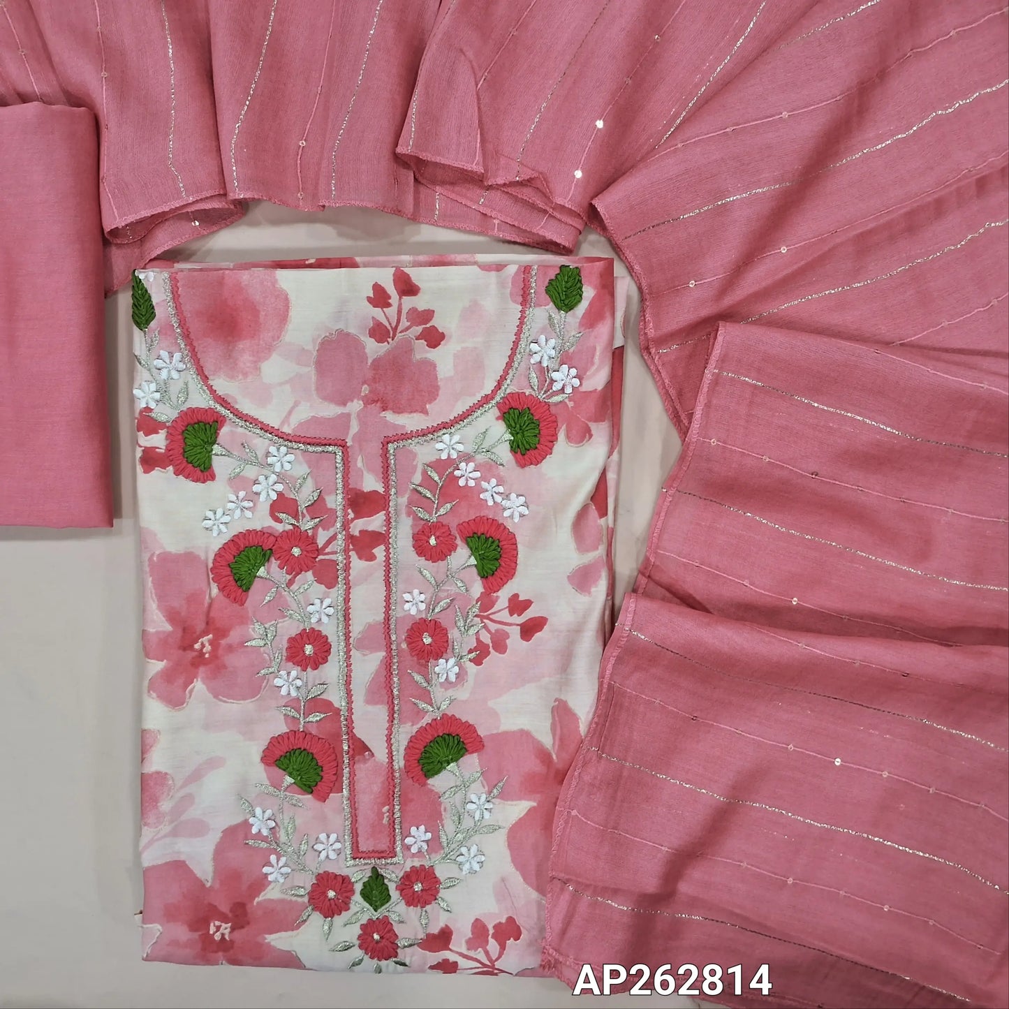 Pastel pink floral printed modal maslin silk unstitched salwar material, thread & zari work on yoke(soft,lining optional)matching silky bottom, zari & sequins work on fancy soft silk cotton dupatta. AP262814