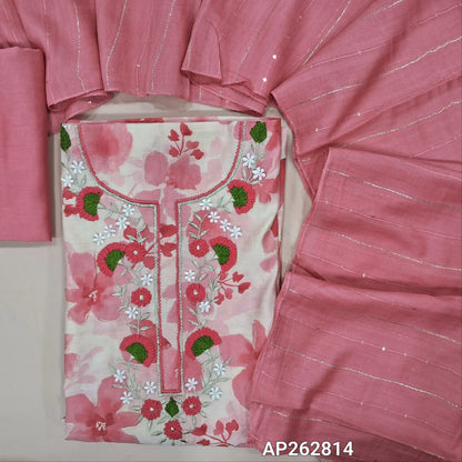Pastel pink floral printed modal maslin silk unstitched salwar material, thread & zari work on yoke(soft,lining optional)matching silky bottom, zari & sequins work on fancy soft silk cotton dupatta. AP262814