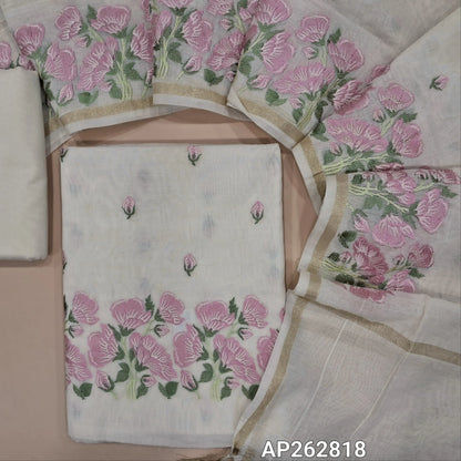 Designer half white base mul chanderi unstitched salwar material (PINK)(thin,Lining Needed) embroidery work on front, embroidered daman, matching silk cotton bottom,  embroidery work on mul chanderi dupatta with gold tissue borders TAPING NEEDED. AP262818