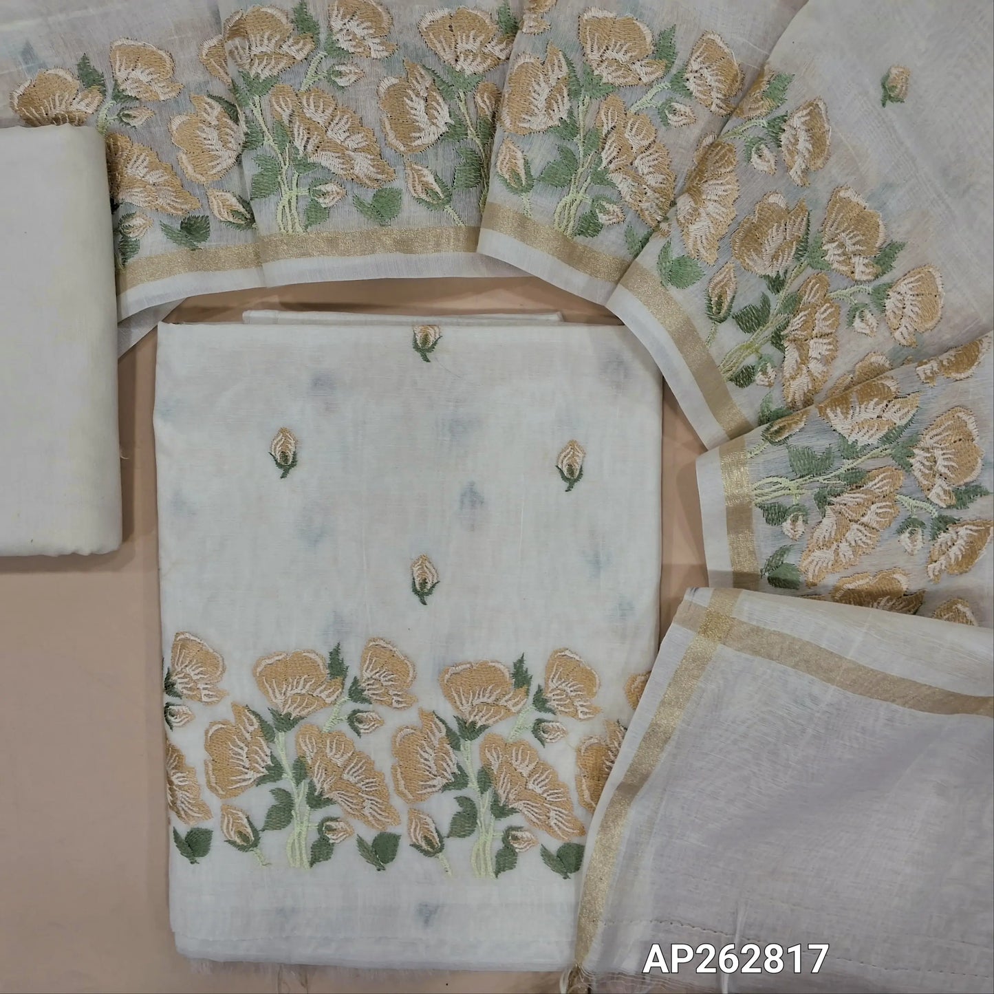 Designer half white base mul chanderi unstitched salwar material (Beige)(Lining Needed) embroidery work on front, embroidered daman, matching silk cotton bottom,  embroidery work on mul chanderi dupatta with gold tissue borders TAPING NEEDED. AP262817