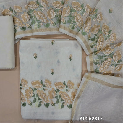 Designer half white base mul chanderi unstitched salwar material (Beige)(Lining Needed) embroidery work on front, embroidered daman, matching silk cotton bottom,  embroidery work on mul chanderi dupatta with gold tissue borders TAPING NEEDED. AP262817