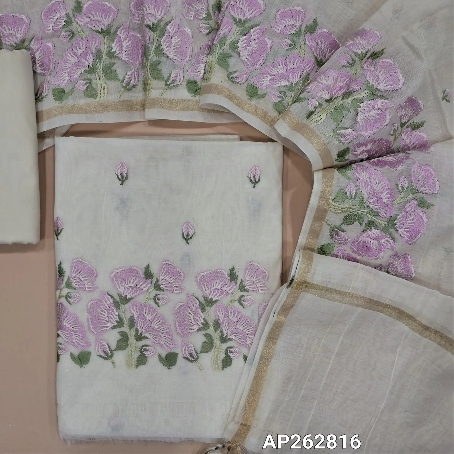 Designer half white base mul chanderi unstitched salwar material (lavander)(Lining Needed) embroidery work on front, embroidered daman, matching silk cotton bottom,  embroidery work on mul chanderi dupatta with gold tissue borders TAPING NEEDED. AP262816
