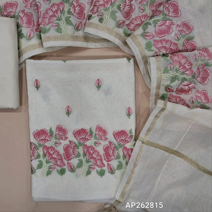 Designer half white base mul chanderi unstitched salwar material (PINK)(Lining Needed) embroidery work on front, embroidered daman, matching silk cotton bottom,  embroidery work on mul chanderi dupatta with gold tissue borders TAPING NEEDED. AP262815