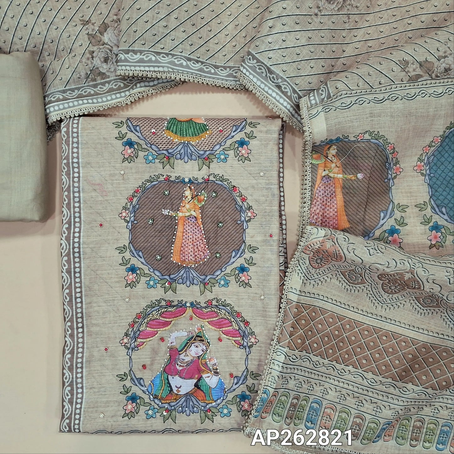 Digital Printed beige & grey shade premium linen salwar material (lining needed)panel design, sugar bead, &zardosi work on front, sugar bead ,cut bead on daman, matching cotton bottom,digital printed permium linen dupatta with lace taping. AP262821