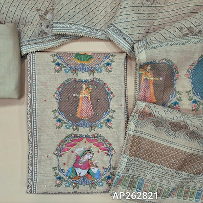 Digital Printed beige & grey shade premium linen salwar material (lining needed)panel design, sugar bead, &zardosi work on front, sugar bead ,cut bead on daman, matching cotton bottom,digital printed permium linen dupatta with lace taping. AP262821