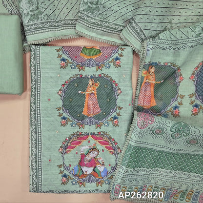 Digital Printed pale green premium linen salwar material (lining needed)panel design, sugar bead, &zardosi work on front, sugar bead ,cut bead on daman, matching cotton bottom,digital printed permium linen dupatta with lace taping. AP262820