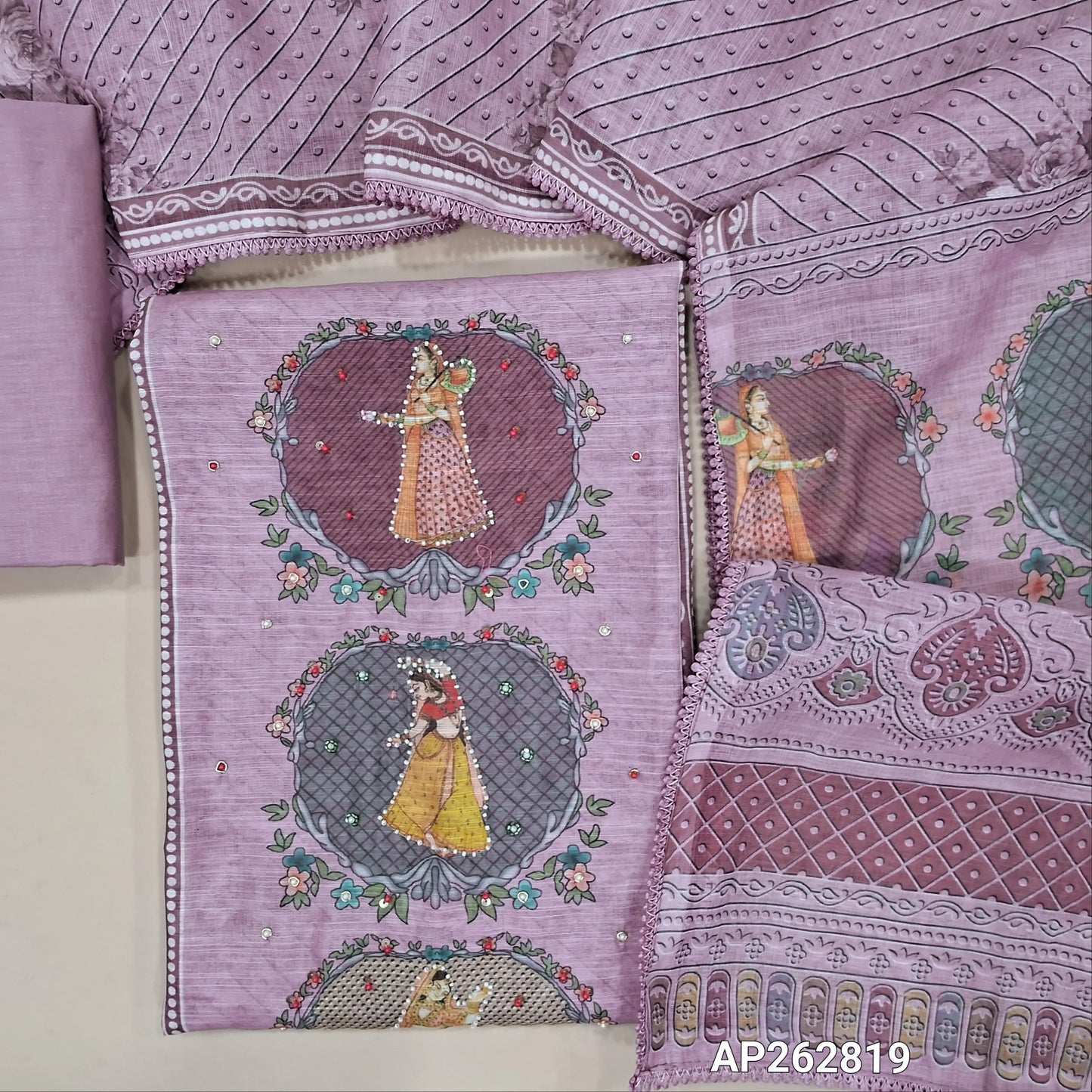 Digital Printed light purple shade premium linen salwar material (lining needed)panel design, sugar bead, &zardosi work on front, sugar bead ,cut bead on daman, matching cotton bottom,digital printed permium linen dupatta with lace taping. AP262819