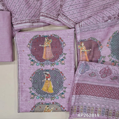 Digital Printed light purple shade premium linen salwar material (lining needed)panel design, sugar bead, &zardosi work on front, sugar bead ,cut bead on daman, matching cotton bottom,digital printed permium linen dupatta with lace taping. AP262819