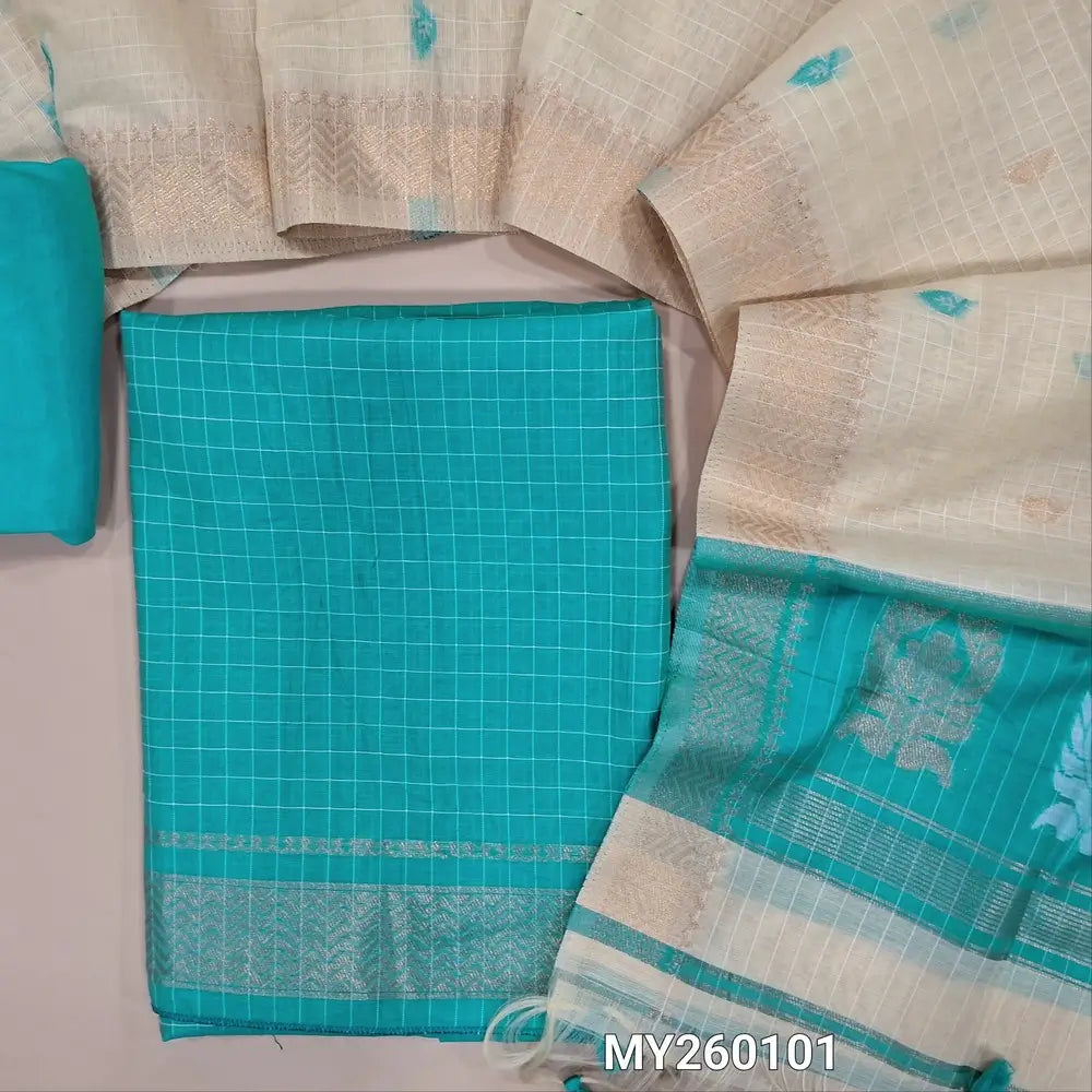 Pastel blue Viscous Silk cotton unstitched salwar material, self checked design all over, zari wovan borders on daman,(soft, Lining Needed) Santoon Bottom,thread,zari and viscous silk cotton dupatta with tassels and contrast pallu. MY260101