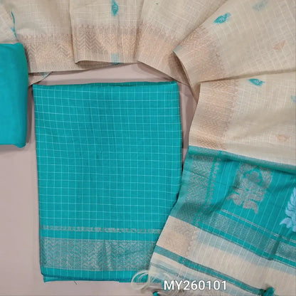 Pastel blue Viscous Silk cotton unstitched salwar material, self checked design all over, zari wovan borders on daman,(soft, Lining Needed) Santoon Bottom,thread,zari and viscous silk cotton dupatta with tassels and contrast pallu. MY260101
