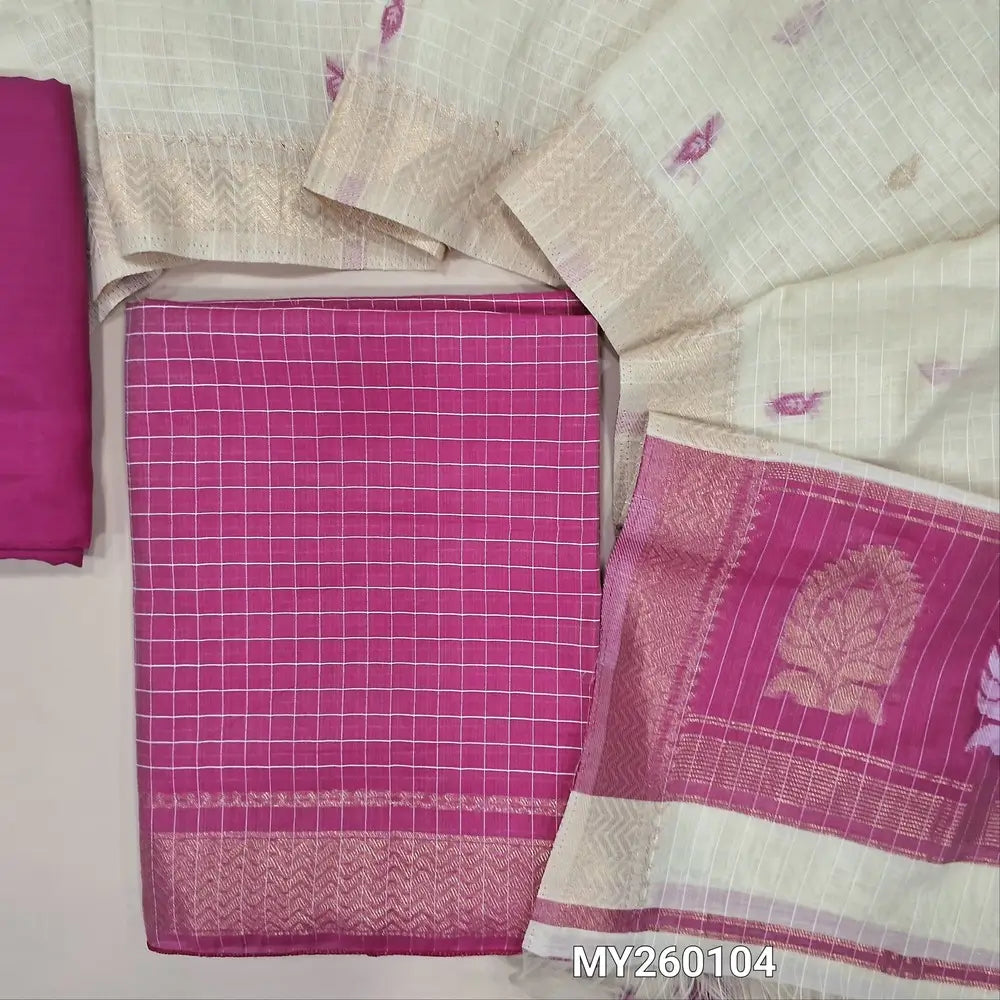 Dark pink Viscous Silk cotton unstitched salwar material, self checked design all over, zari wovan borders on daman,(soft, Lining Needed) Santoon Bottom,thread,zari and viscous silk cotton dupatta with tassels and contrast pallu. MY260104