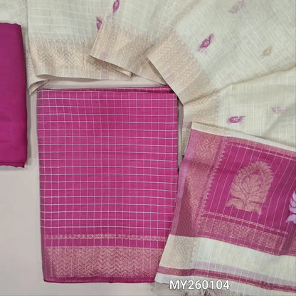 Dark pink Viscous Silk cotton unstitched salwar material, self checked design all over, zari wovan borders on daman,(soft, Lining Needed) Santoon Bottom,thread,zari and viscous silk cotton dupatta with tassels and contrast pallu. MY260104