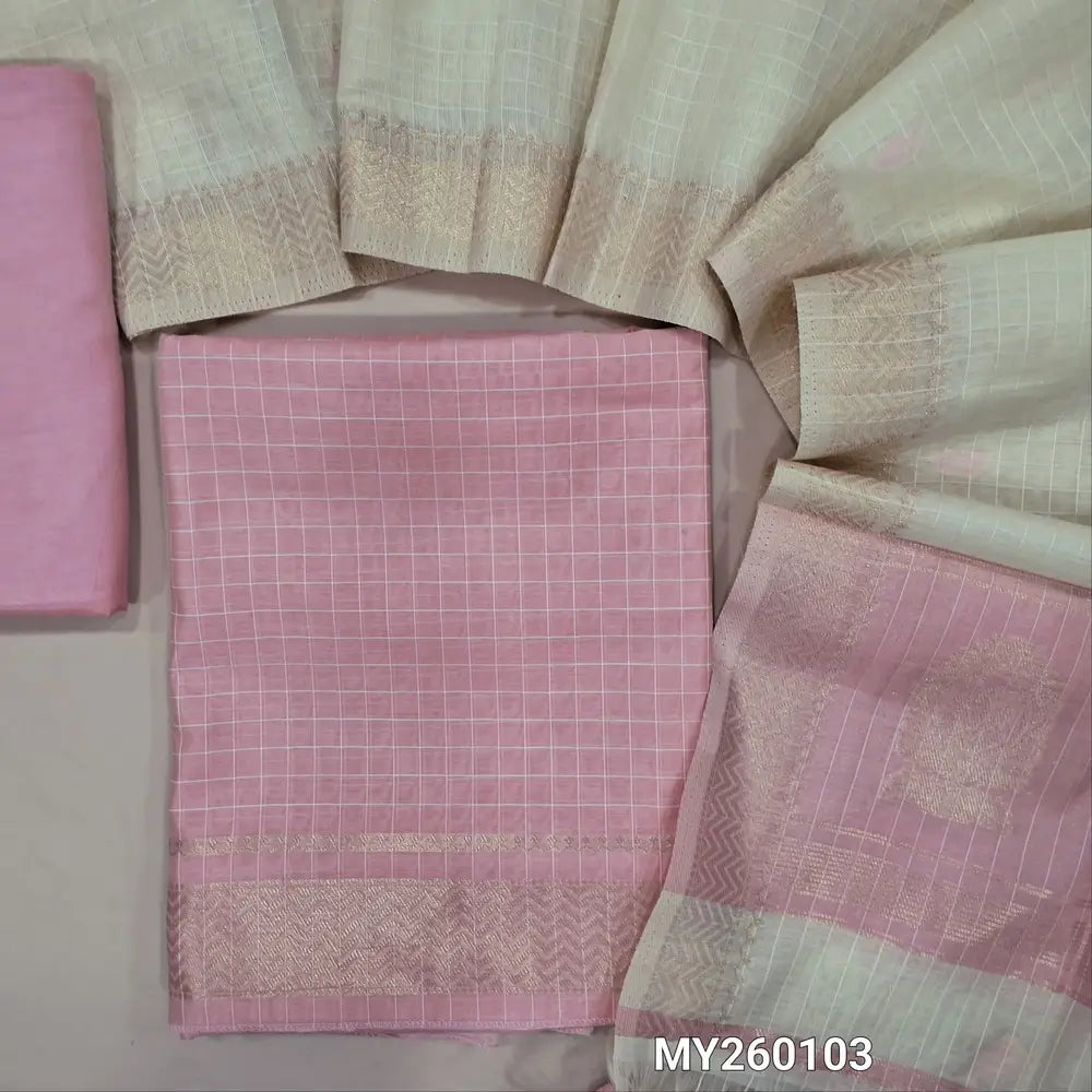 PREORDER Pastel pink Viscous Silk cotton unstitched salwar material, self checked design all over, zari wovan borders on daman,(soft, Lining Needed) Santoon Bottom,thread,zari and viscous silk cotton dupatta with tassels and contrast pallu. MY260103